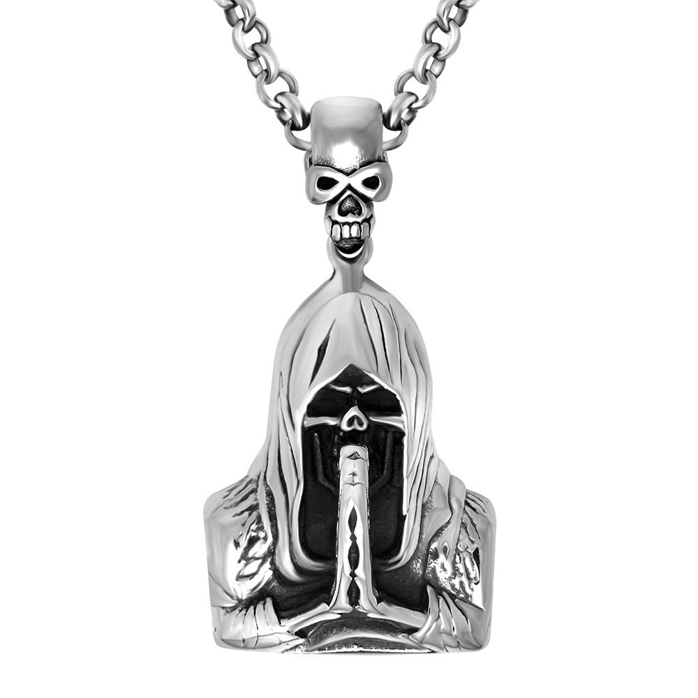 Stainless Steel Grim Reaper Skull Pendant Gothic Biker Silver Necklace Charm