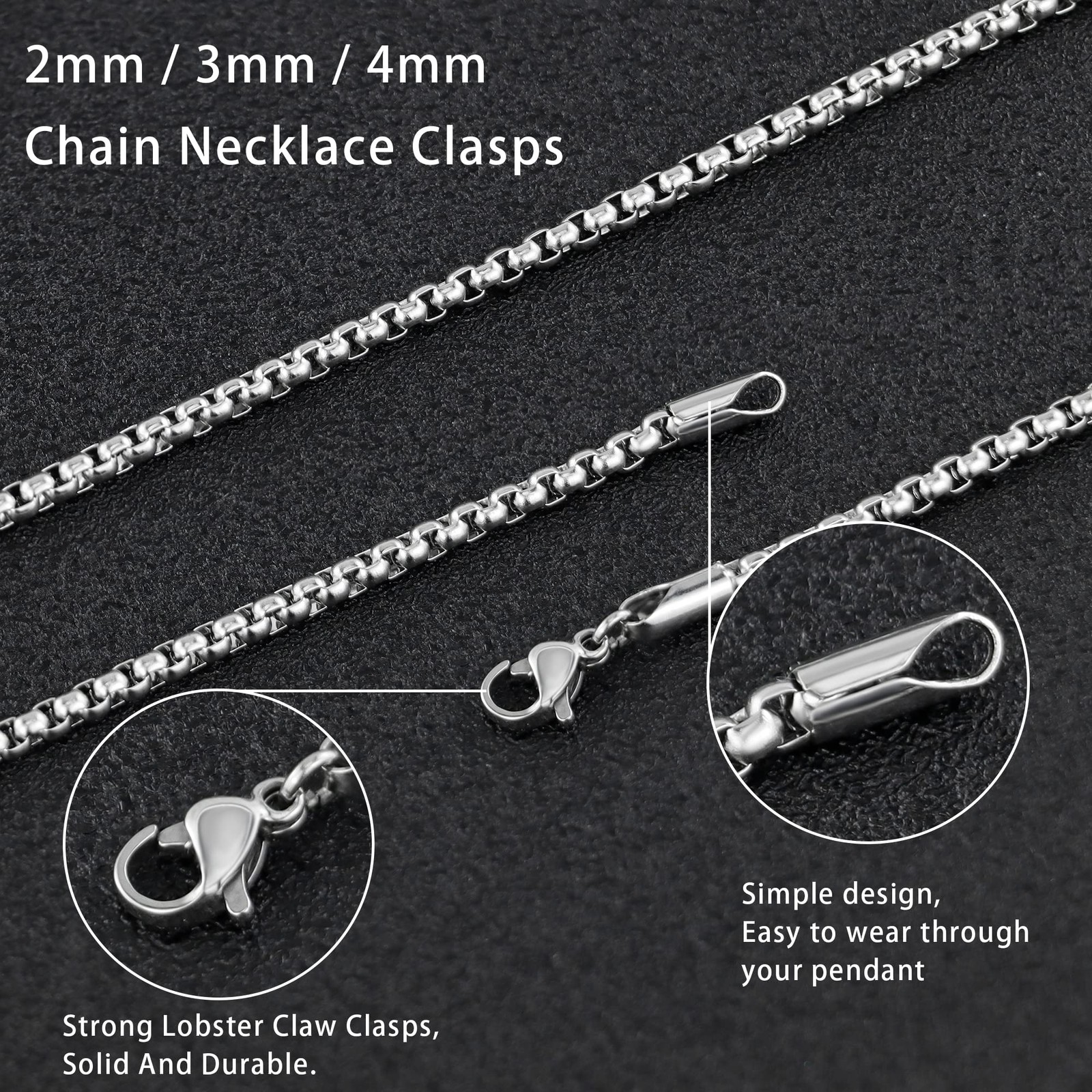 2-7 mm 16-36 In Square Rolo Stainless Steel Chain Necklace Round Box Necklace…
