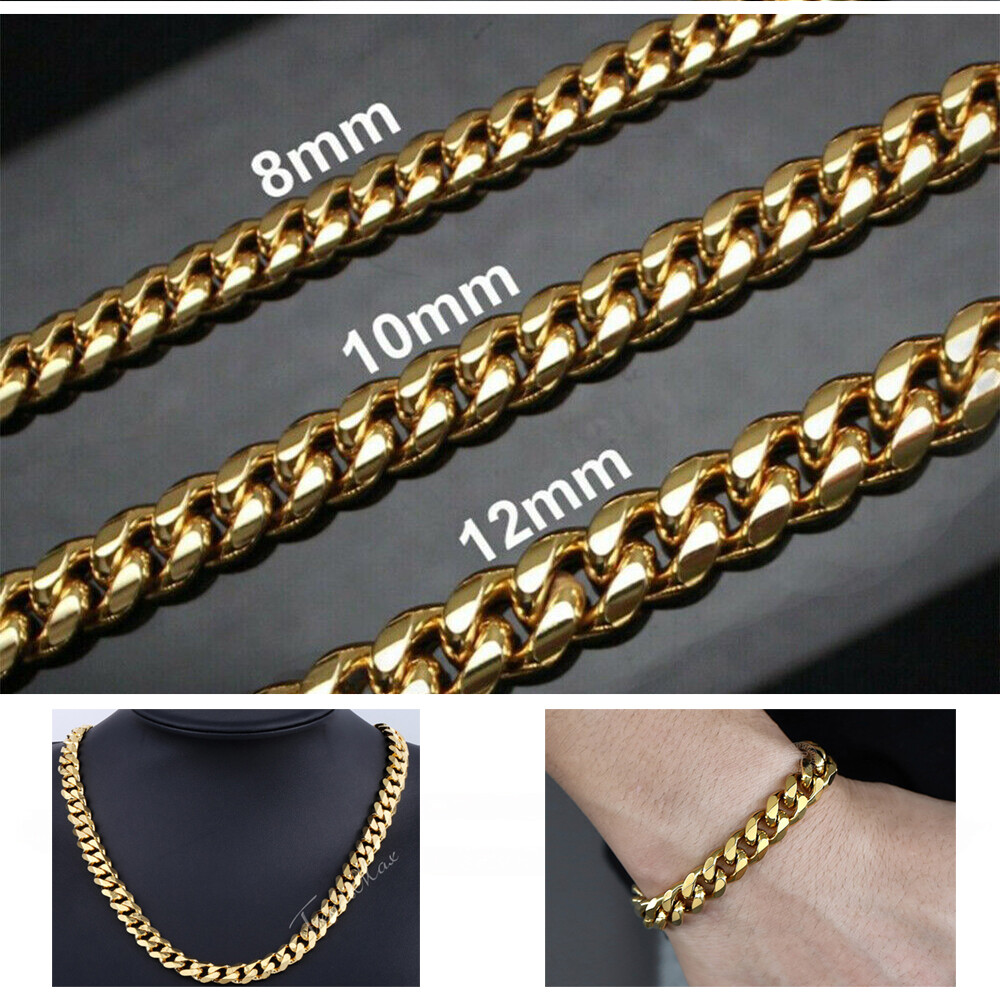 Miami Cuban Curb Link Chain Necklace or Bracelet 14K Gold Plated Stainless Steel