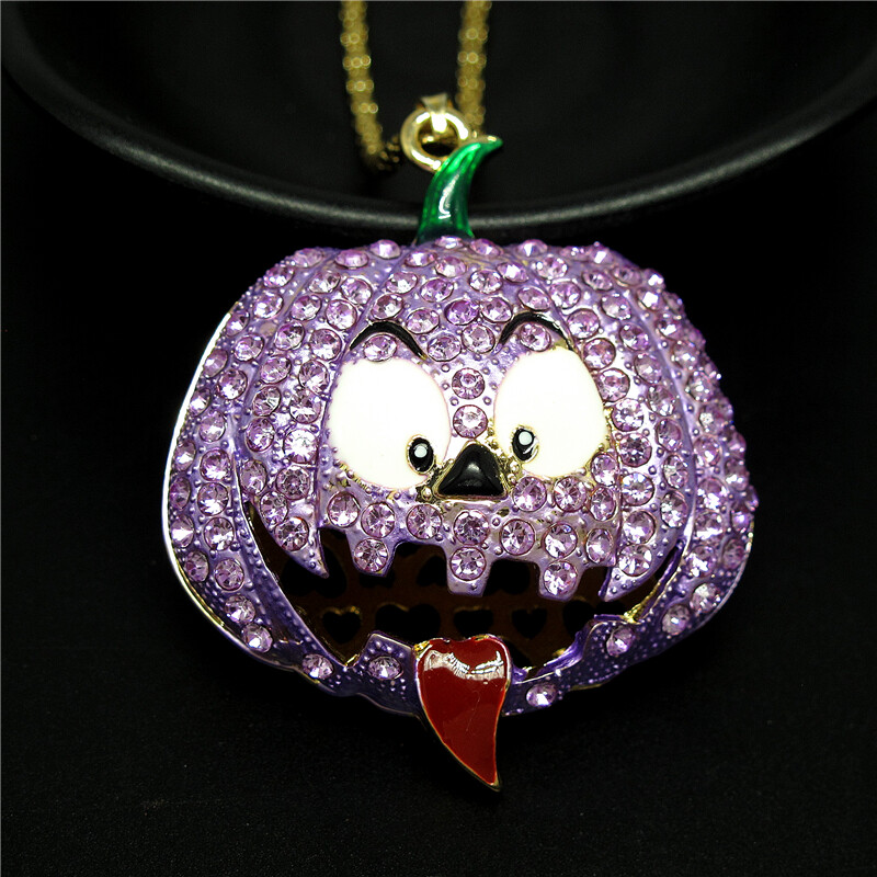 Fashion Women Purple Rhinestone Halloween Pumpkin Pendant Chain Necklace Gifts