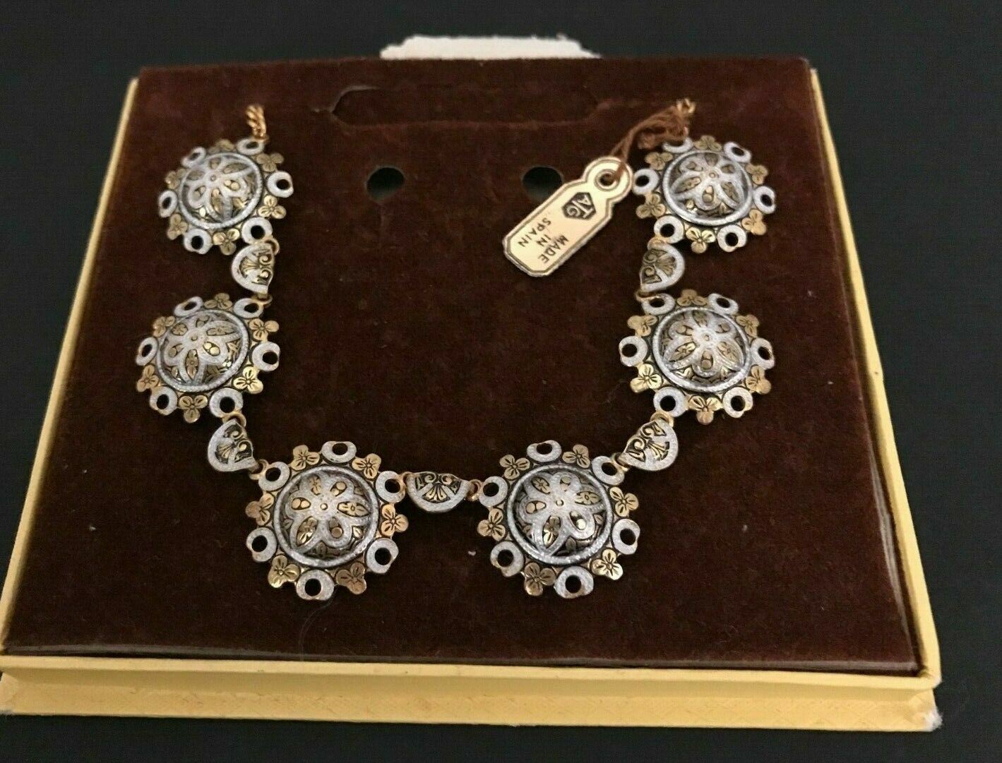 Vintage ATG Spain Silver & Gold Floral Etched Design Necklace – Spain – RARE