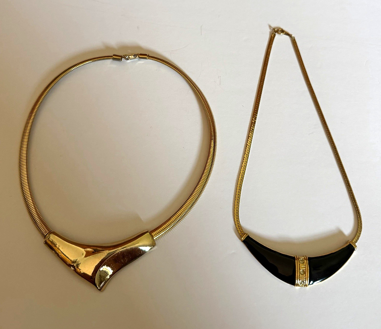 Lot of 2 Gold Tone Snake Chain Choker Necklaces Black Enamel, Geometric V