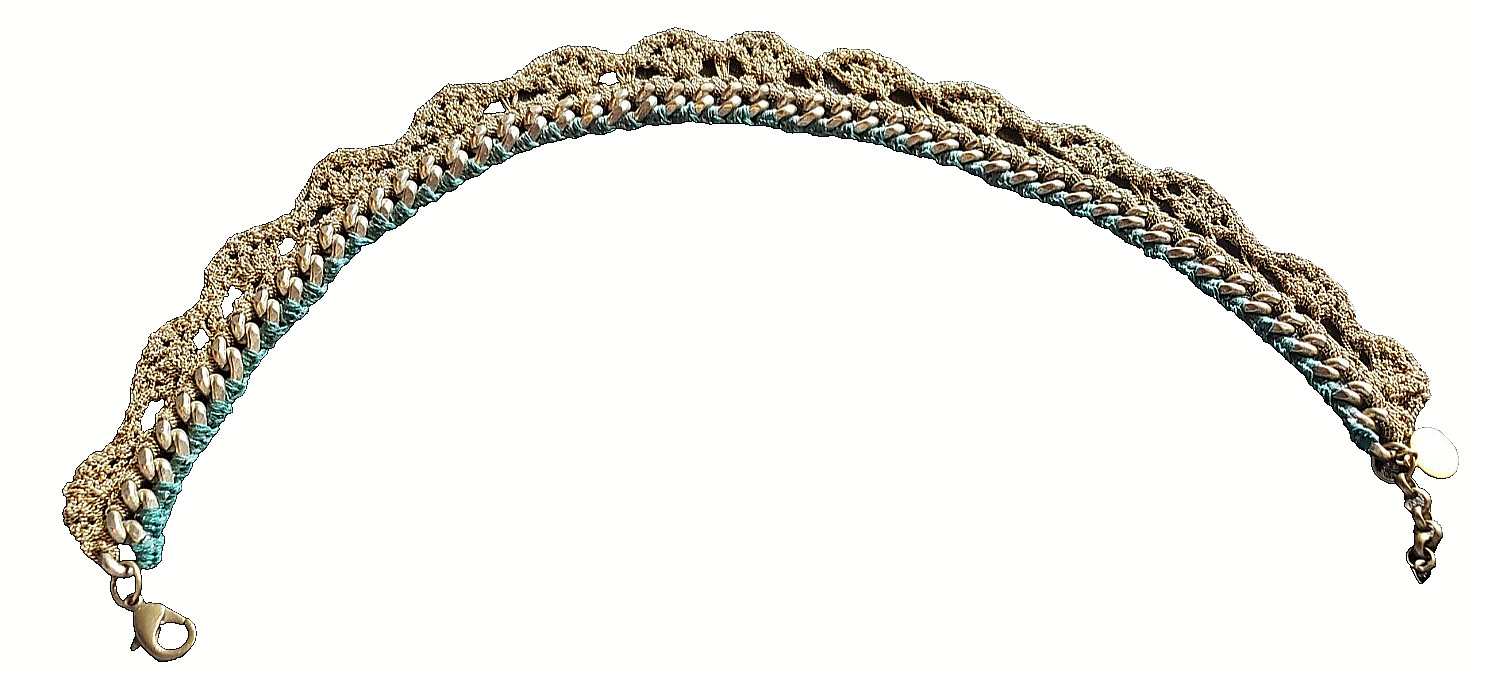 VENESSA ARIZAGA NECKLACE/CHOKER – WOVEN BRASS CHAIN MESH – SILK/COTTON BRAIDED