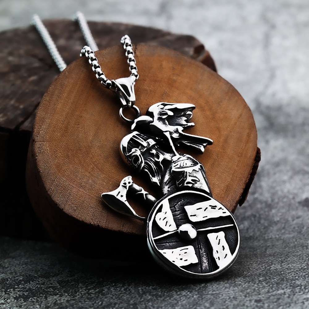 SMITH Stainless Steel Men’s Viking Soldier Raven Shield Pendant Necklace For Men