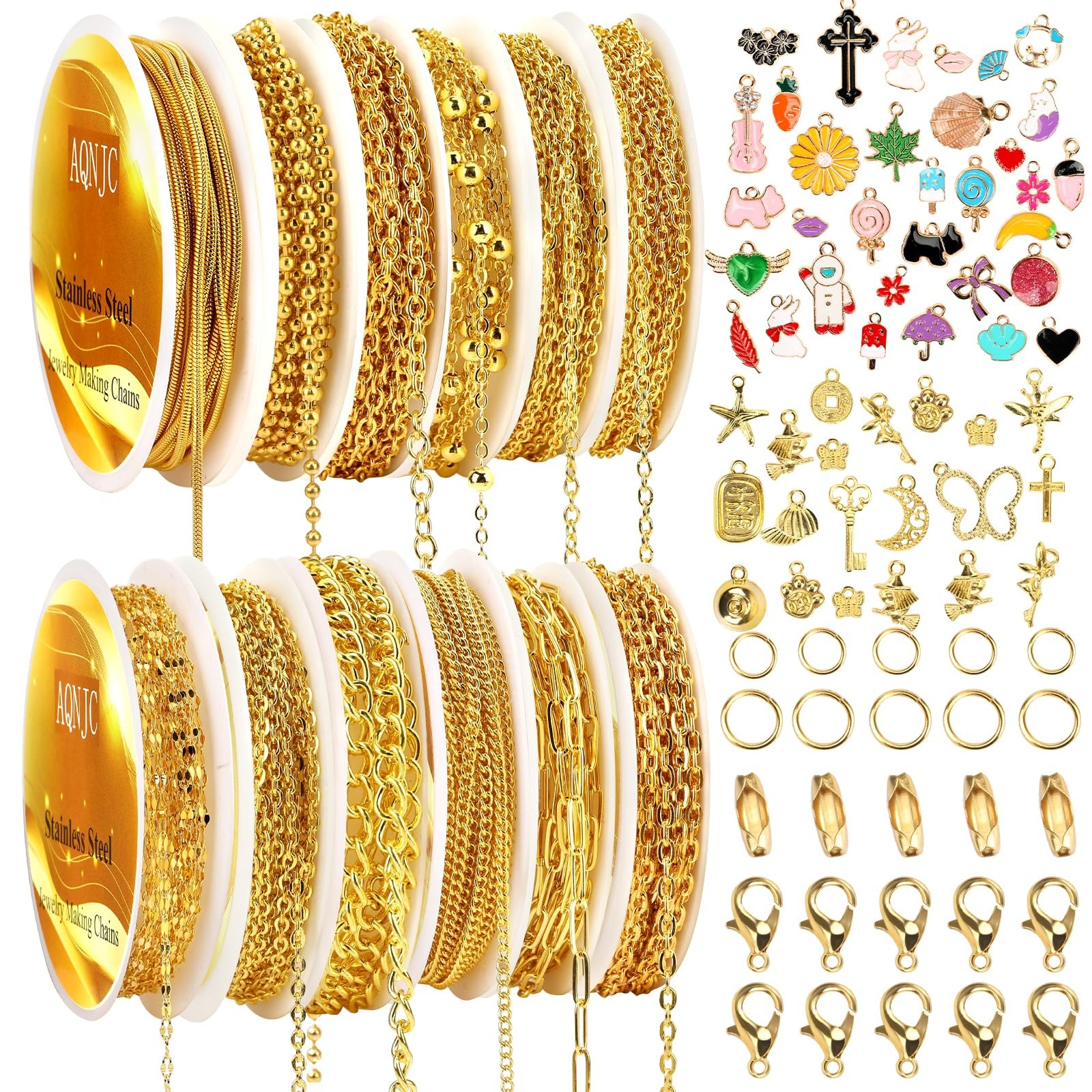 Gold Chain for Jewelry Making, 98 Feet 12 Rolls Jewelry Chains with Gold Charms