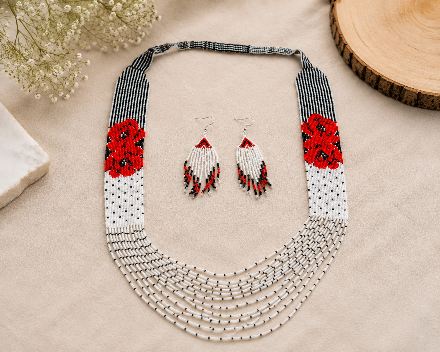 Multi Strand Seed Bead Necklace Set Fringe Earrings Handmade Boho Gift