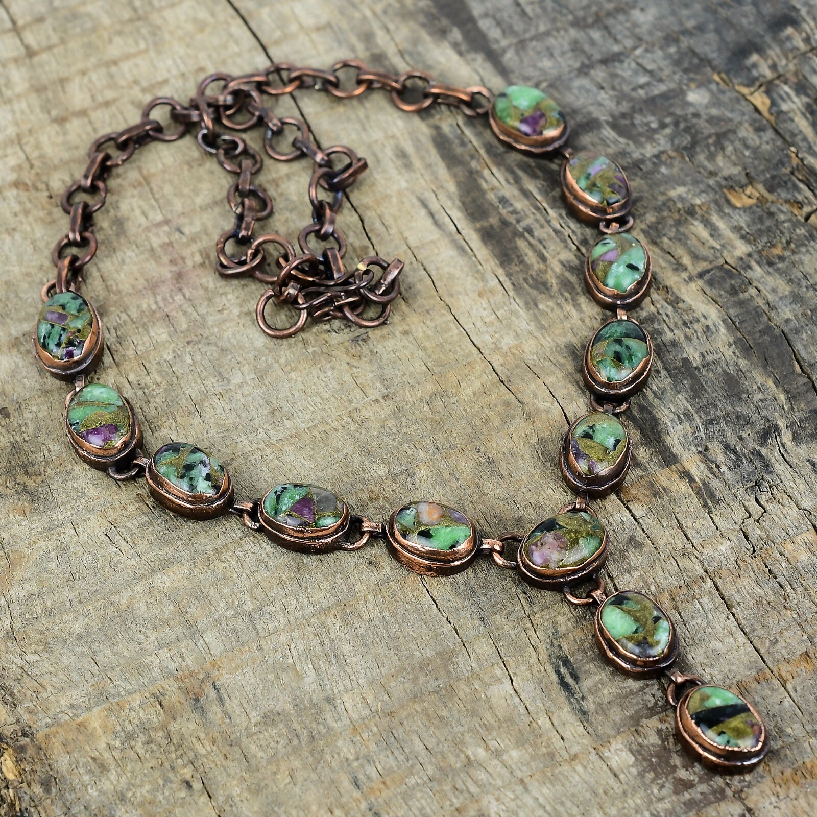 Copper Oval Copper Ruby Zoisite Gemstone Electroformed Chain Necklace Jewelry