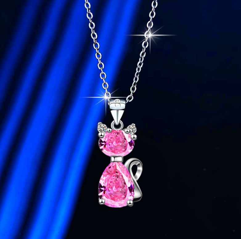 925 Silver CAT PENDANT NECKLACE CZ Blue Pink Purple CRYSTAL 18″ Gift Box P5