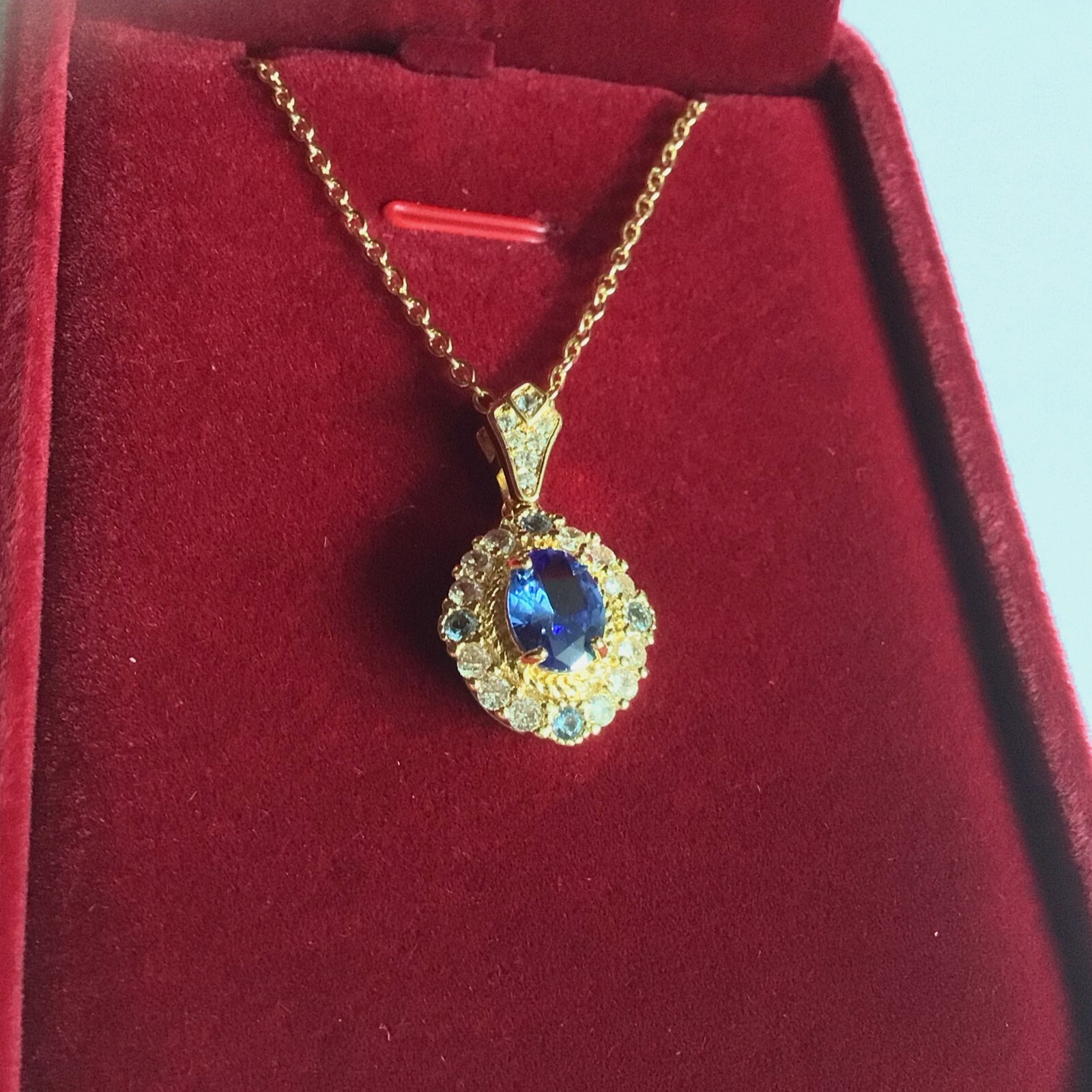 Oval Cut Blue Synthetic Gemstone Pendant Necklace; 45-48cm Chain, New & Boxed