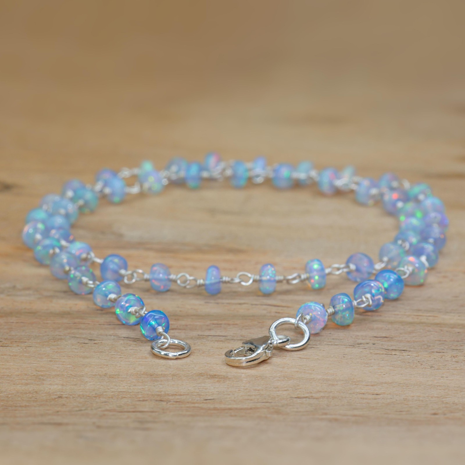 Multifire Blue Opal Wire Wrap Necklace, Fire Opal Beaded Necklace, Smooth Opal