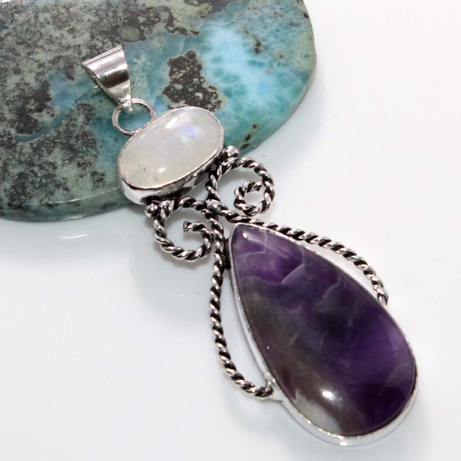925 Silver Plated Long Chevron Amethyst Rainbow Moonstone Pendant 2.5″ Trendy JW