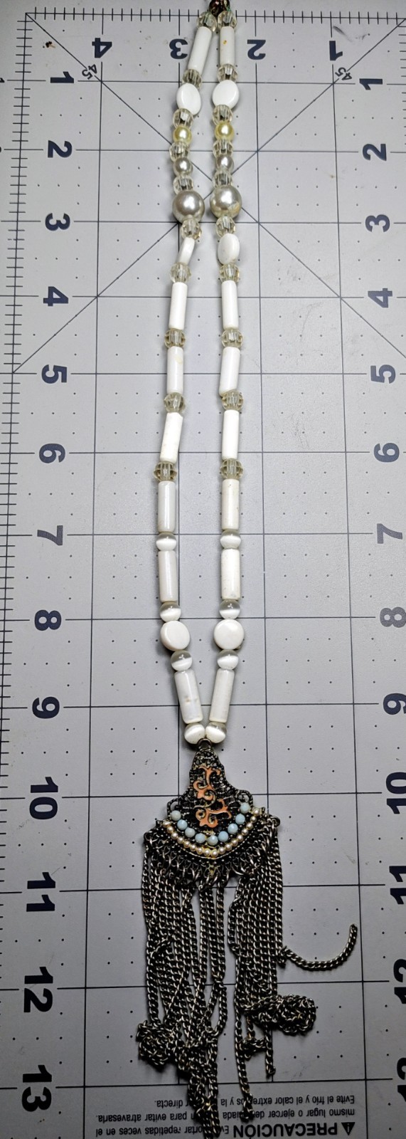 Vintage White Beaded Tassel Pendant Necklace SilverTone Adjustable Lobster Boho