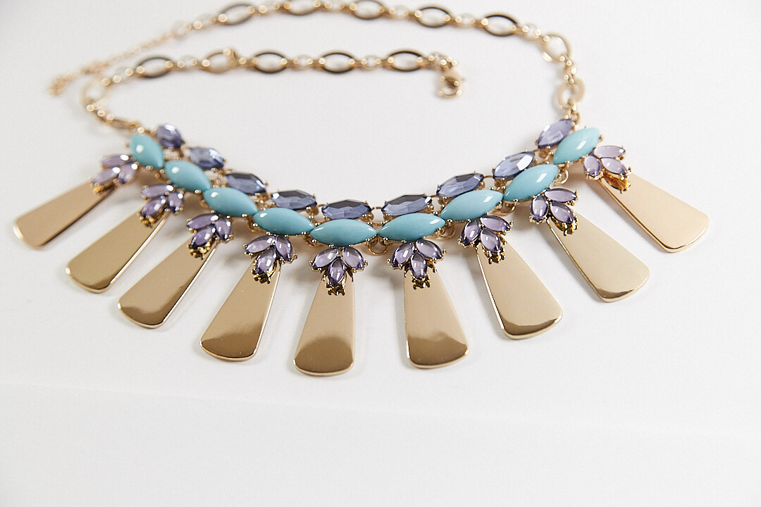 BAUBLEBAR Statement GoldTone Dangle Station Necklace LilacBlue Cabochons 18″+ 3″