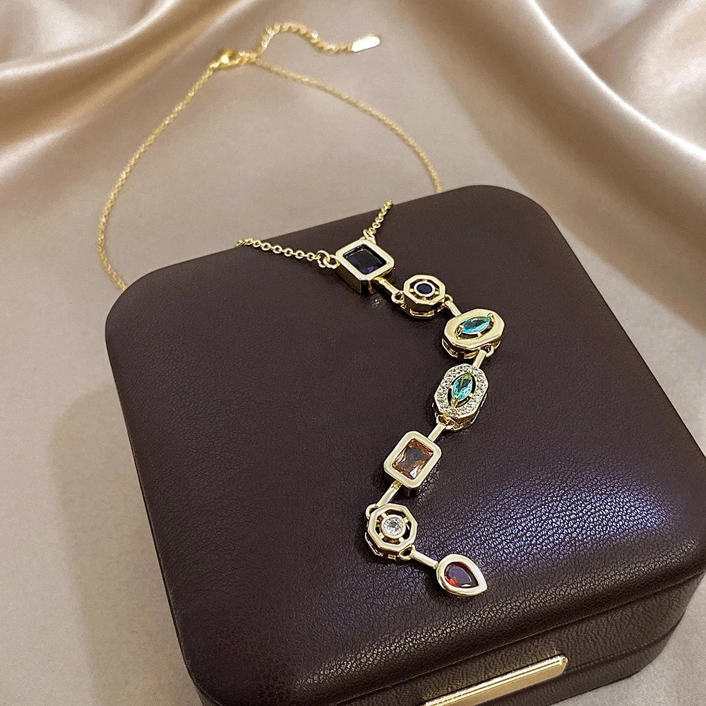 Vintage Geometric Colorful Zircon Long Pendant Necklace for Women Gold Plated