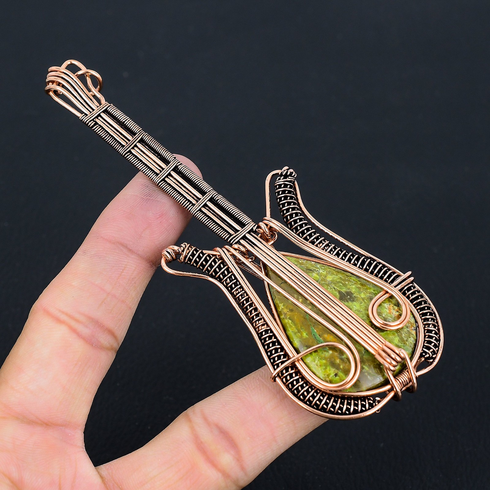 Green Opal Gemstone Copper Wire Wrap Guitar Pendant 4.53 Gift for Her h724