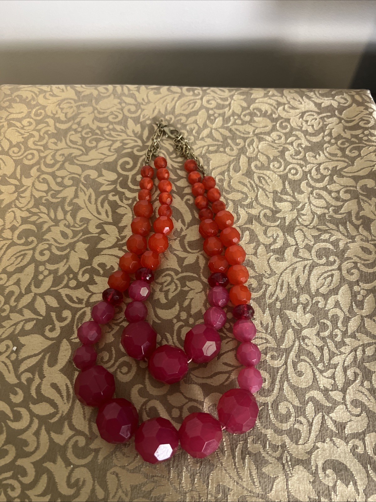 Lucky Brand Chunky Multilayer Beaded Statement Necklace Lipstick Red & Orange