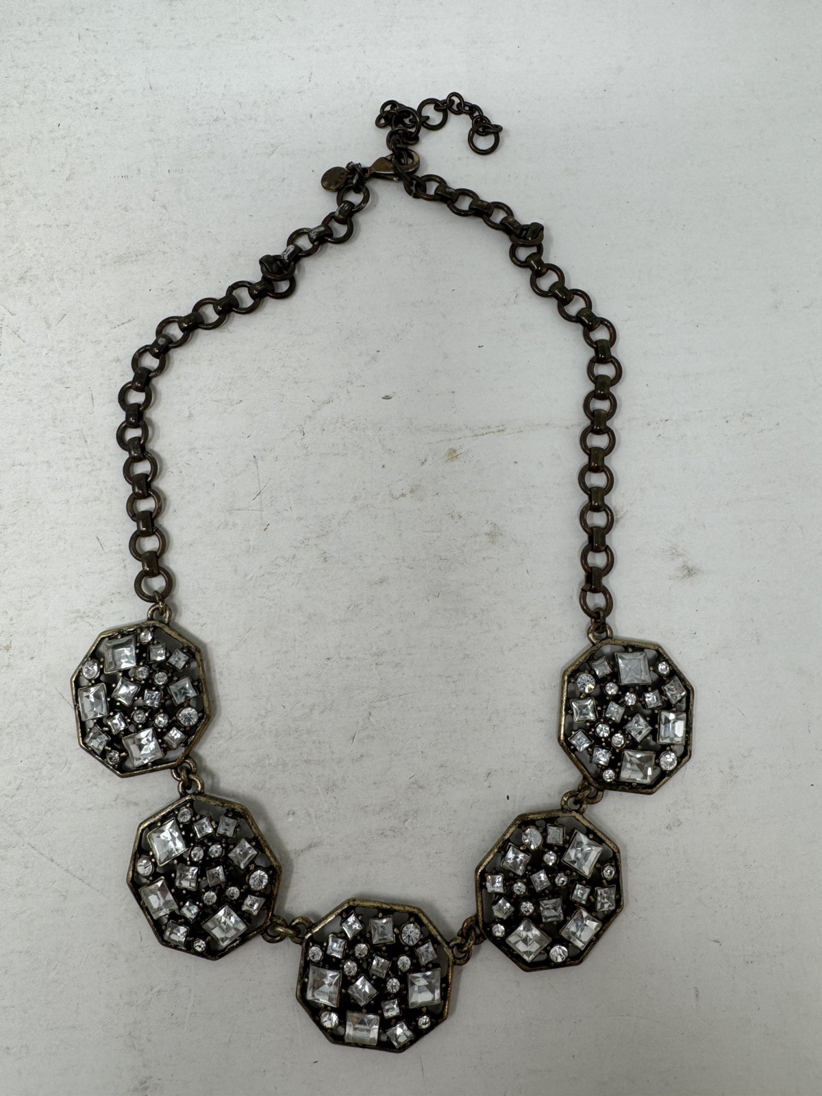 J Crew Statement Necklace Rhinestone Octagon Panels Antiqued Gold Tone Chain
