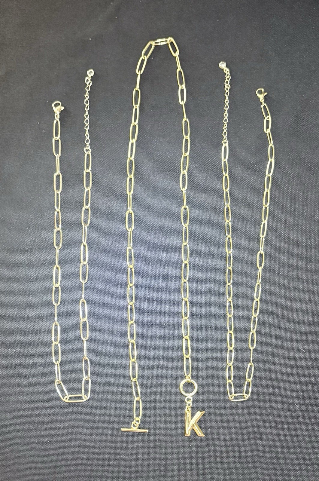 3 Paperclip Chain Necklaces Lot Monogram K 19 1/2” Toggle Gold Tone + 2 Chains