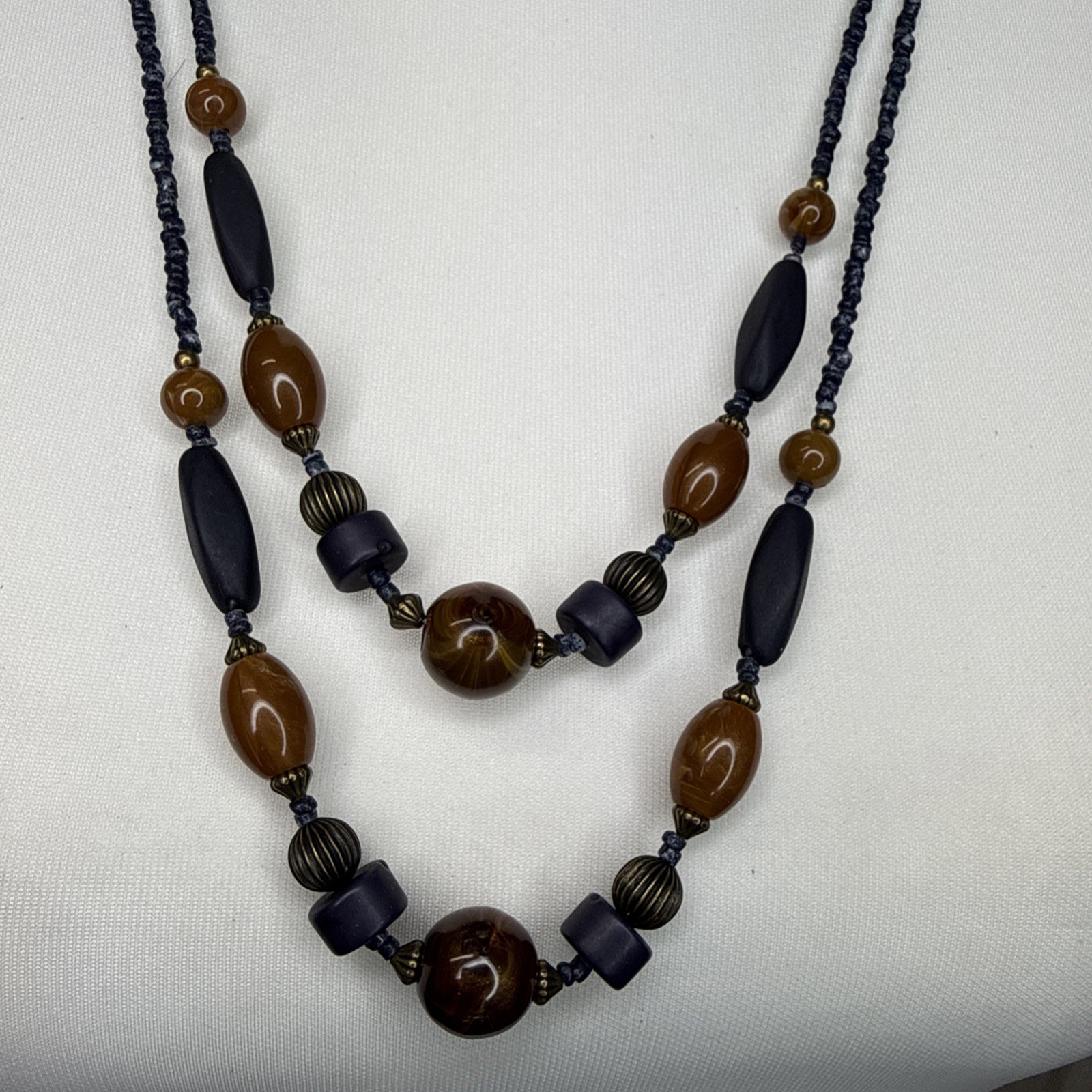 Vintage Layered Bead Necklace Brown Blue Acrylic Resin Double Strand Boho