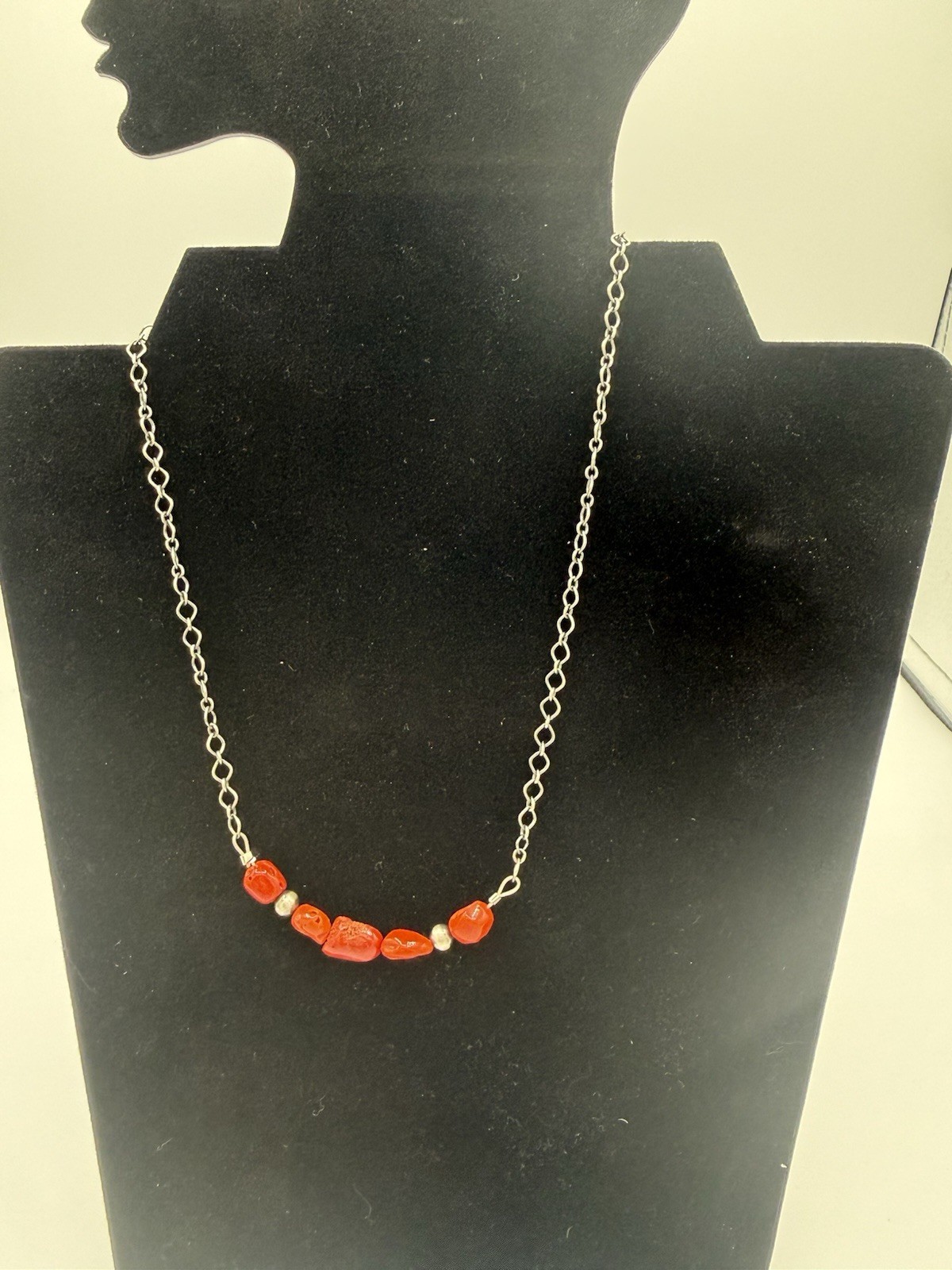 Southwestern Native 925 Sterling Silver Coral Beaded Necklace 16”