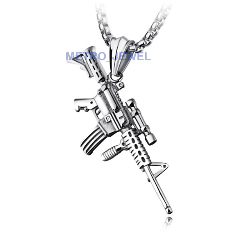 Mens Boys Cool Stainless Steel Army M4 Rifle Gun Pendant Necklace Chain Set