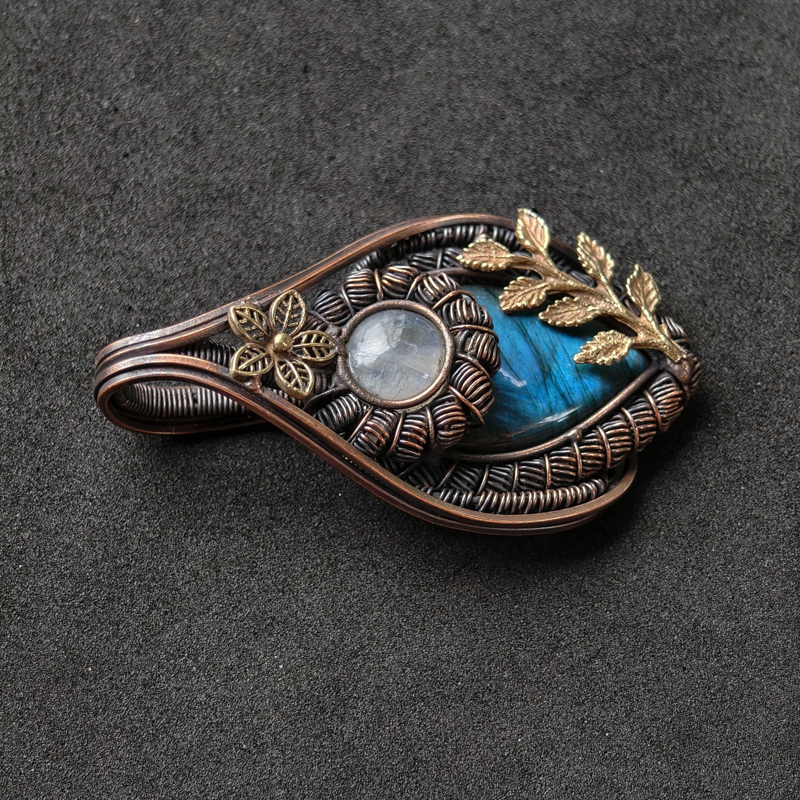 Copper Wire Wrapped Labradorite & Moonstone Pendant Necklace Handmade Boho Jewel