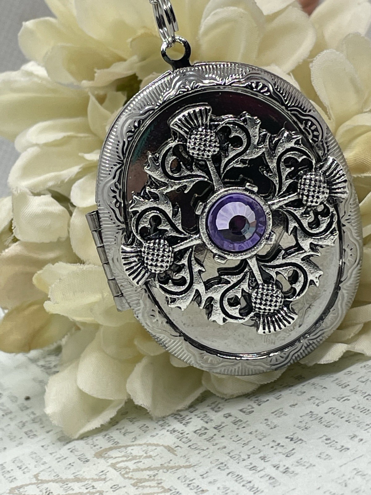 Silver Purple SCOTTISH THISTLE Scotland LOCKET NECKLACE CAMEO PHOTO CELTIC gift