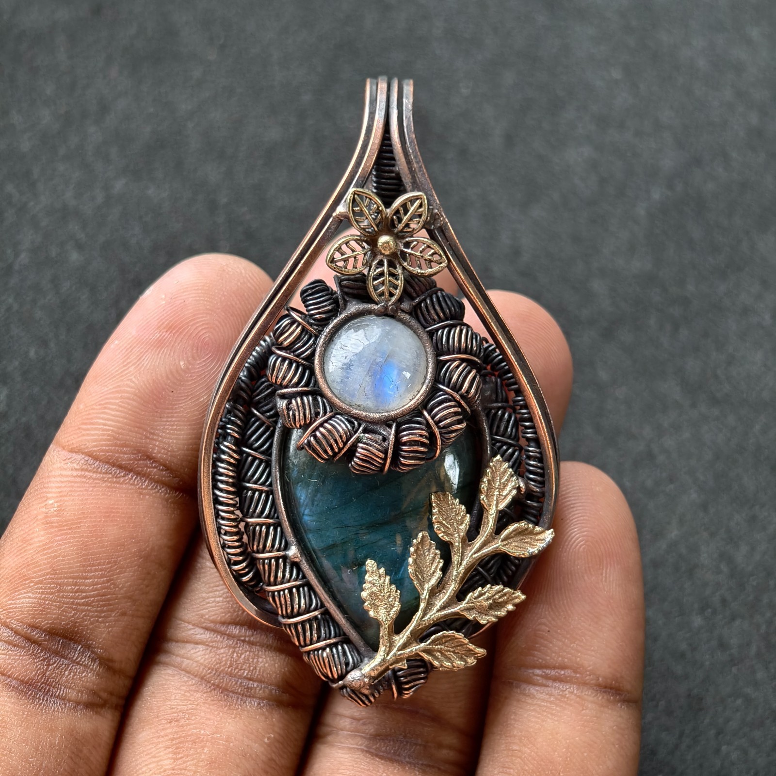 Copper Wire Wrapped Labradorite & Moonstone Pendant Necklace Handmade Boho Jewel