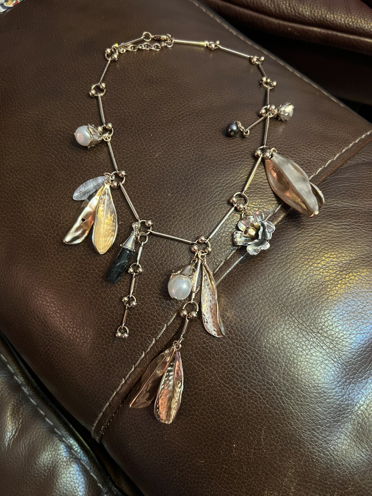Zara Flower Pearl Necklace Leaf Silver Gold Charm Boho Poppy VTG Berry Boho
