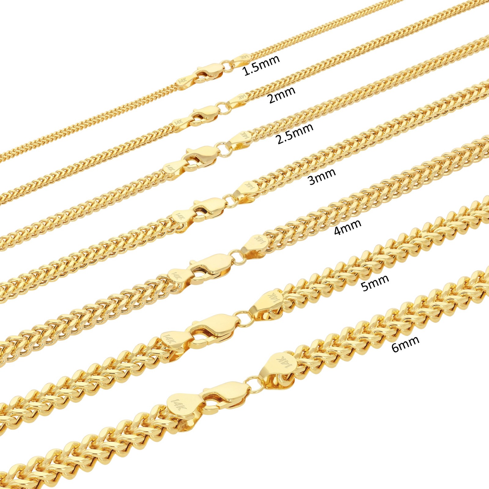 14K Yellow Gold 1.5mm-5mm Franco Square Box Chain Necklace Mens Womens 16″- 30″