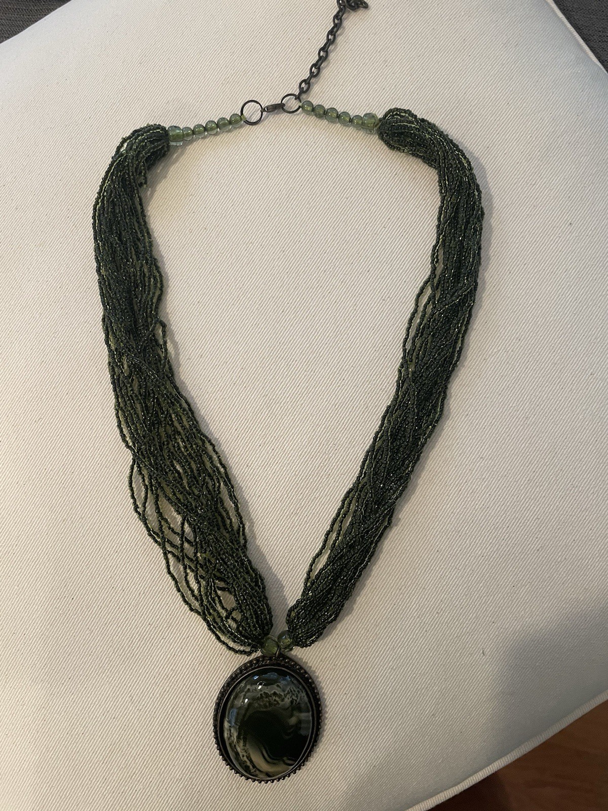 Necklace, Handmade Dark Green beads w/Medallion. 14″ with 3″ extender