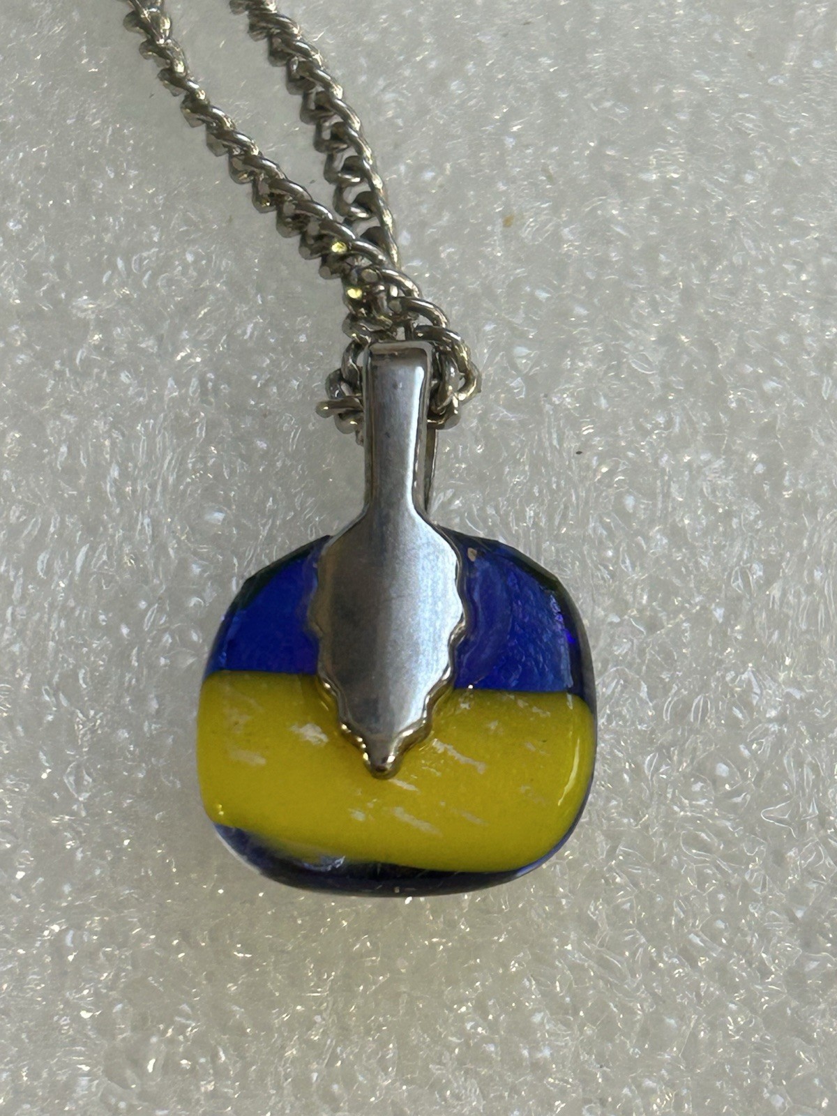 Lampwork Glass Ukraine Flag Colors Pendant Blue Yellow Silver tone Chain