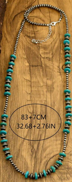 NECKLACE-Western Turquoise and Pearl Beaded Necklace, Bohemian Long Necklace