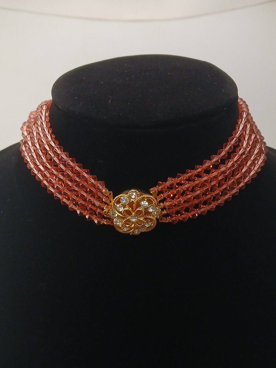 ROYAL ELEGANCE gold tone clear stones 5 strand peachy pink bicone beads chocker