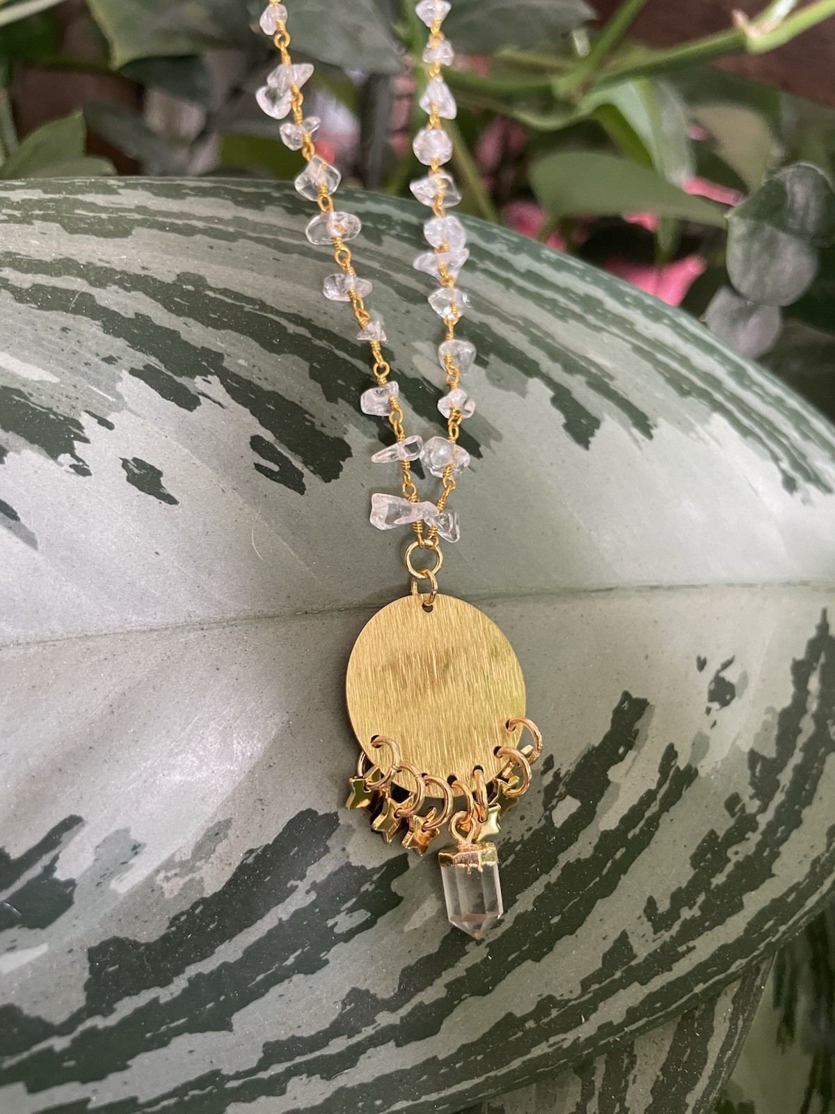 Brass Disc Quartz Rosary Chain Beaded Necklace w/ Crystal Drop & Tiny Stars