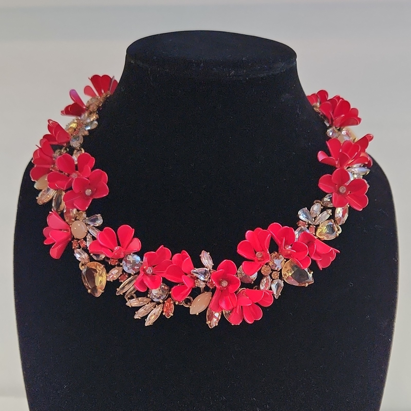 J.CREW Signed Red Flower Collar Statement Necklace Crystal Rhinestone Lobster