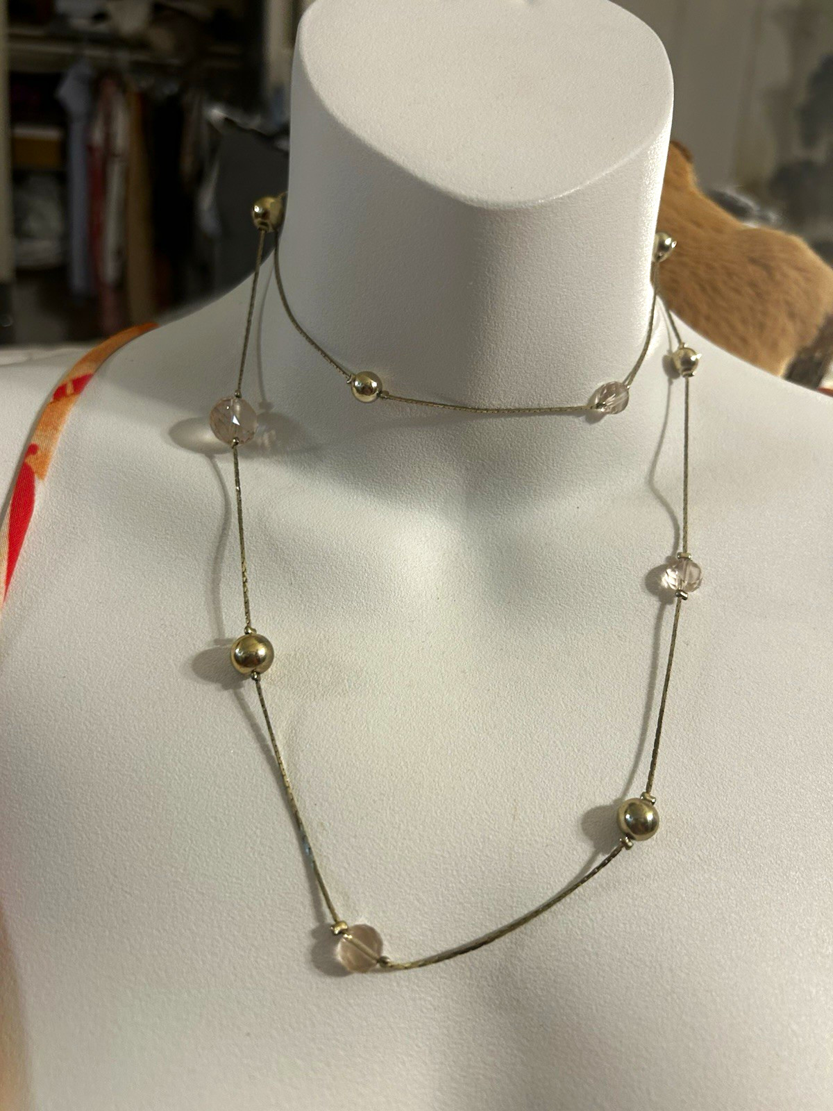 Vintage White Gold-Tone Beaded Station Necklace 17” Faceted Crystal Beads Lobste