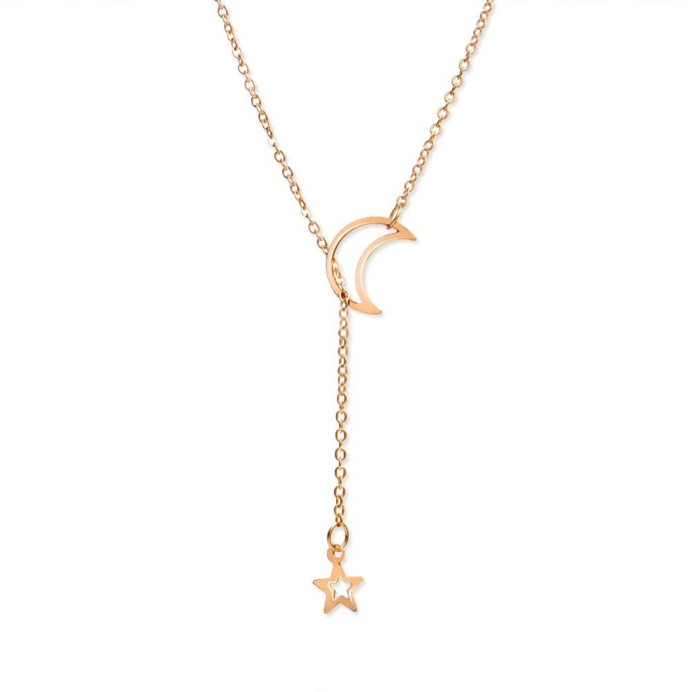 Women’s Moon Star Pendant Choker Necklace Silver Plated Long Chain Jewelry