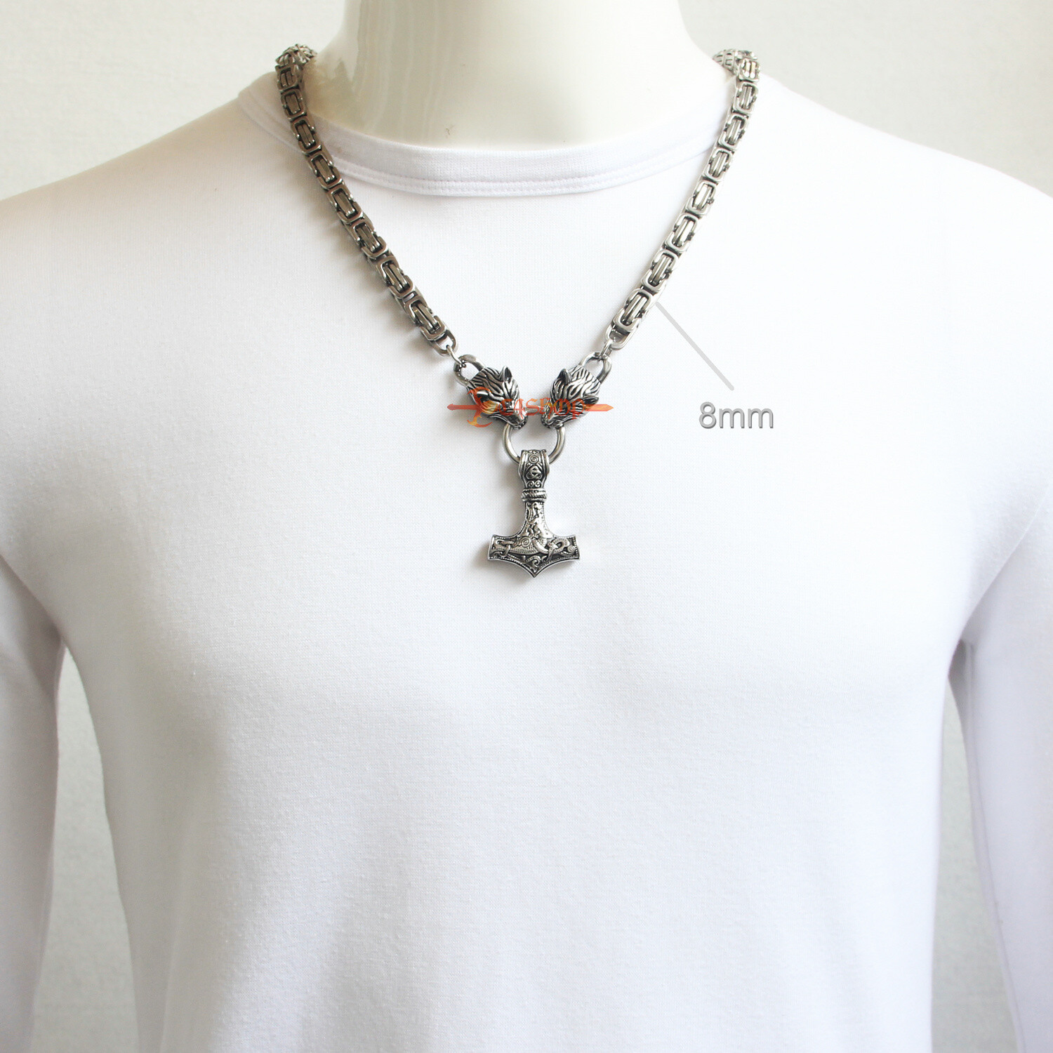 Men’s Wolf Head Thors Hammer Mjolnir Vikings Pendant Necklace 5/8mm King’s Chain