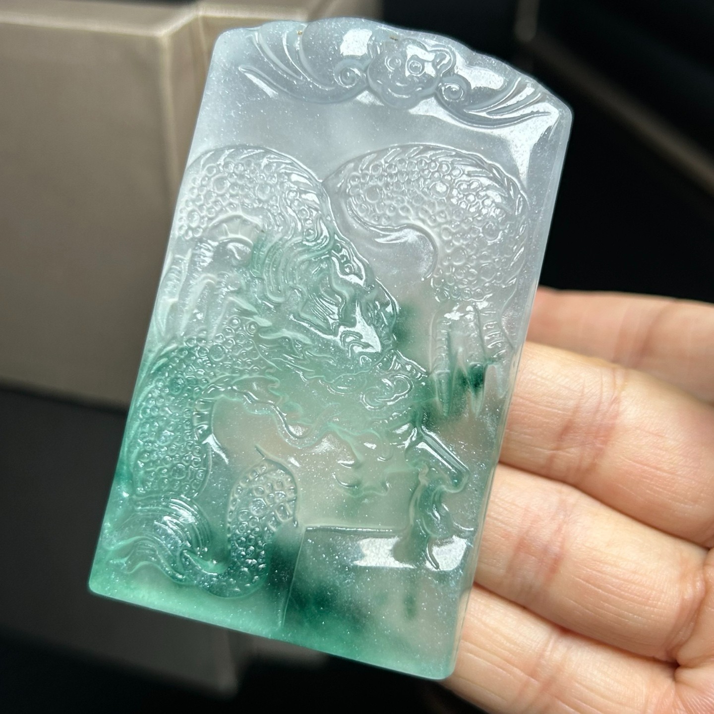 Nature ice green&white Burmese Jade Jadeite Carved dragon lucky Pendant&Necklace