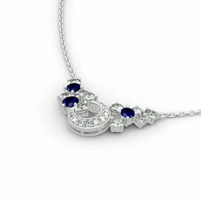Round Cut Simulated Blue Sapphire Stunning Charm Necklace 14K White Gold Plated