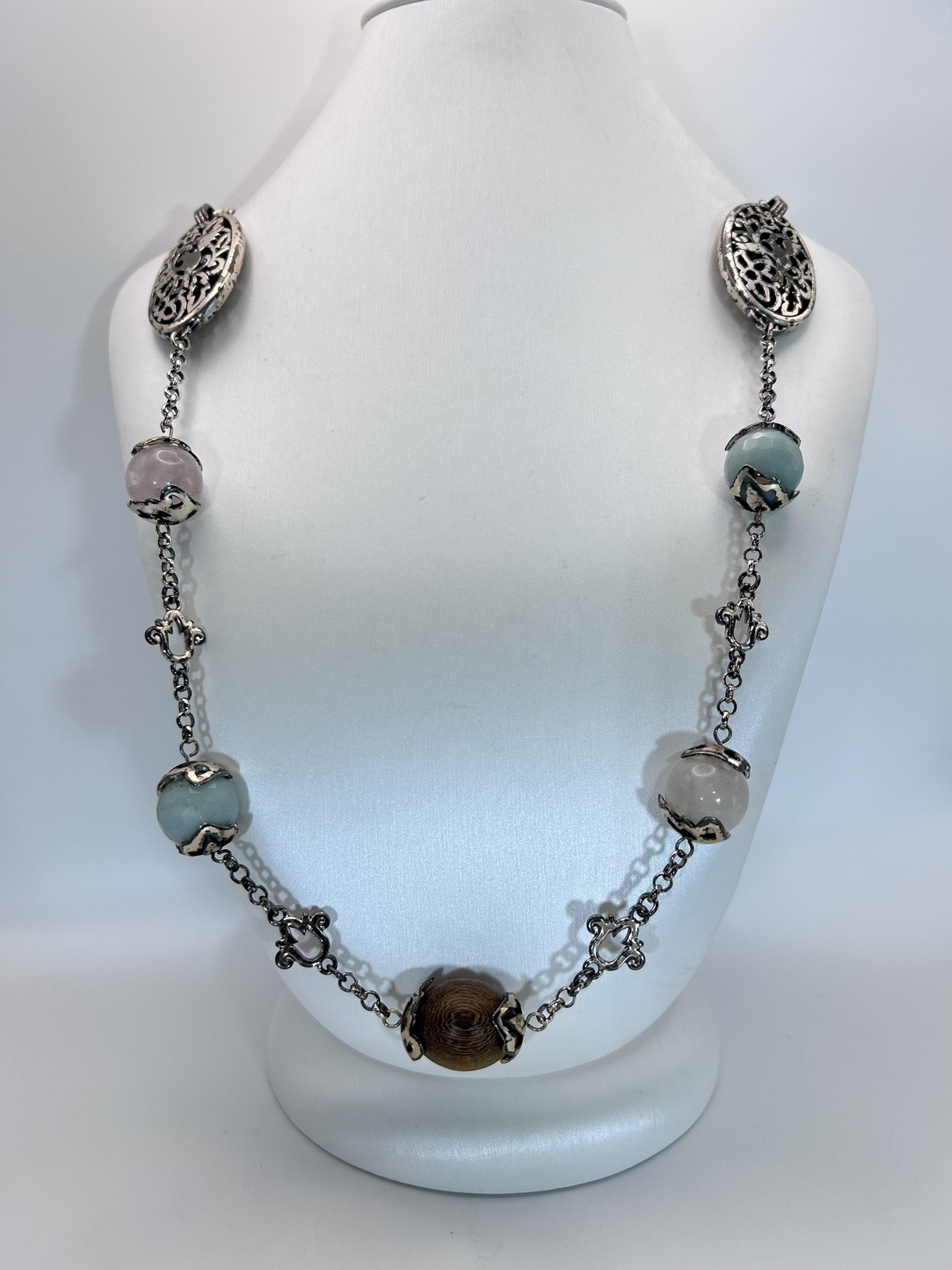 Brighton Silver Tone Long Necklace Pink Blue Beads Wood Beads Filigree Heart