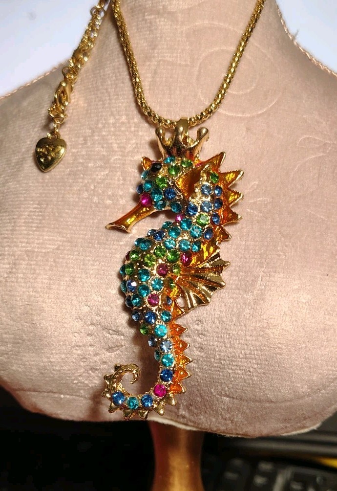 Gorgeous Betsey Johnson Seahorse & Crown Multi Color Rhinestone Necklace