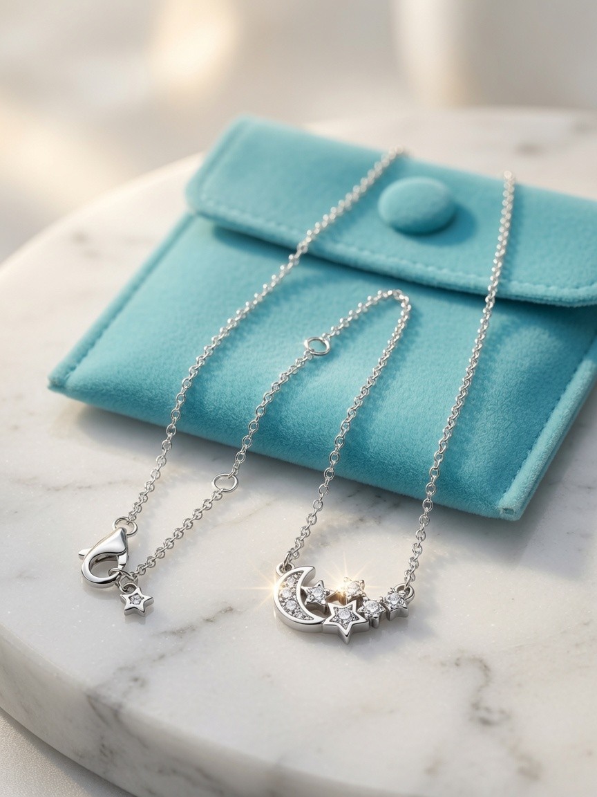 Divolina 925 Silver Crescent Moon Star CZ Pendant Necklace 18 Inch Chain Women