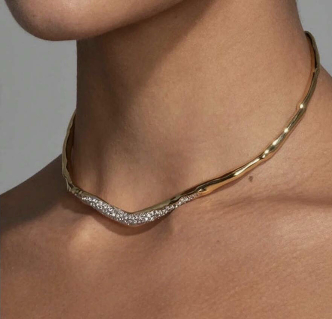 Solanales Crystal Molten Necklace Pavé Collar Gold Chain Irregular Boho CZ VTG