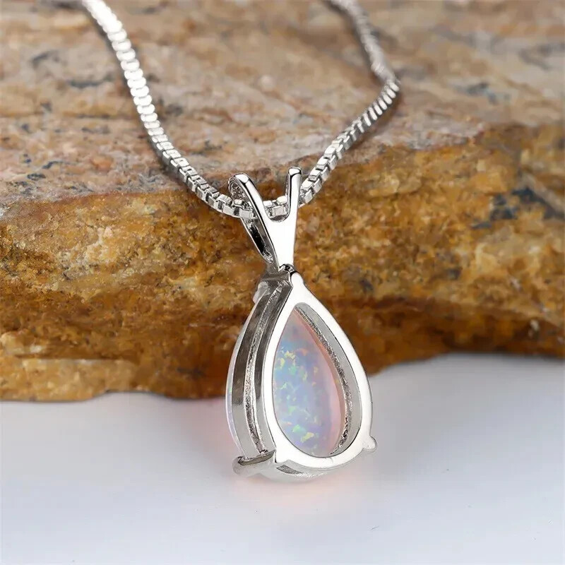 Minimalist Droplet White Fire Opal Pendant Sterling Silver Dainty Necklace Gift