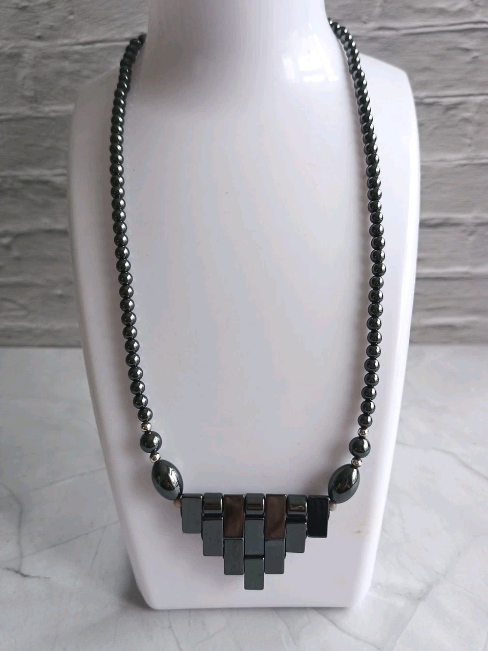 Black Hematite Beaded Necklace Art Deco Waterfall Style 17″ VGC