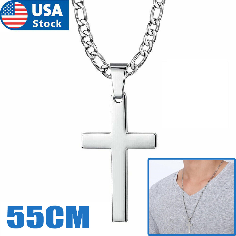 Men’s Cross Pendant Necklace Silver Chain Stainless Steel Figaro Necklace 21″