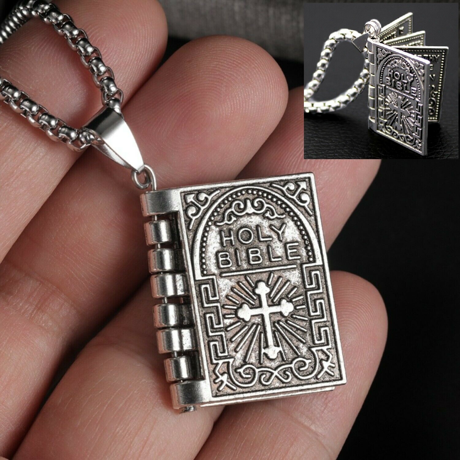 2PCS Lord’s Prayer Holy Bible Open Pages Locket Pendant Necklace 925 Silver USA
