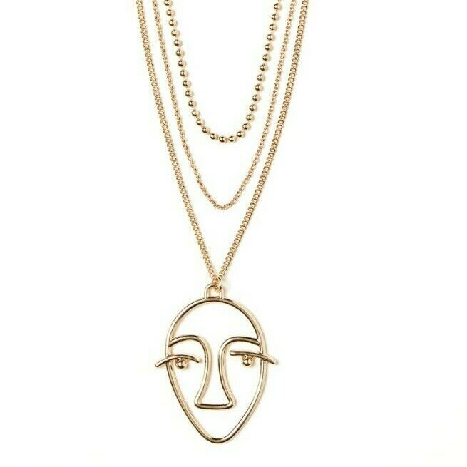 FACE Pendant NECKLACE Lightweight Three Strand Layered 48cm GOLD Tone Chain